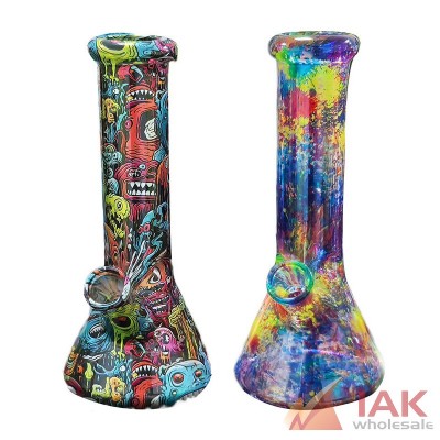 8" Assorted 4mm Water Transfer Design Beaker Water Pipe with 14M Bowl