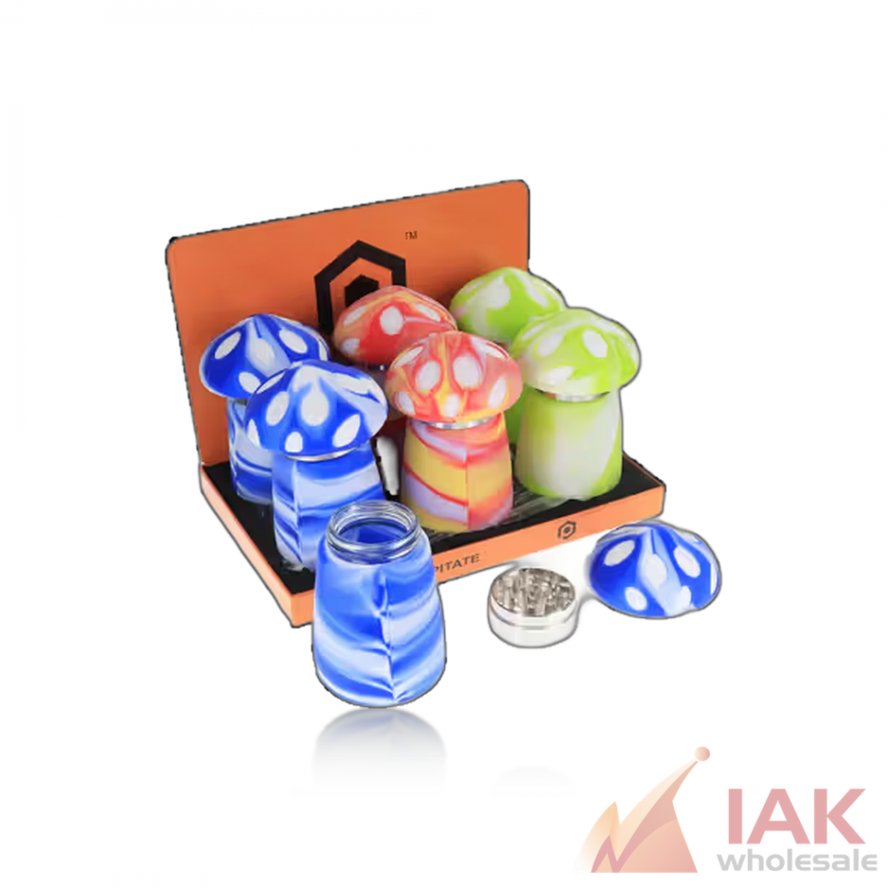 Click It Mushroom Silicon & Aluminum W/Glass Jar 3PC Grinder Mg-095 6CT