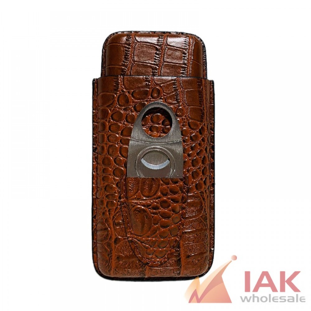 PU Leather Cigar Case With Cutter Brown